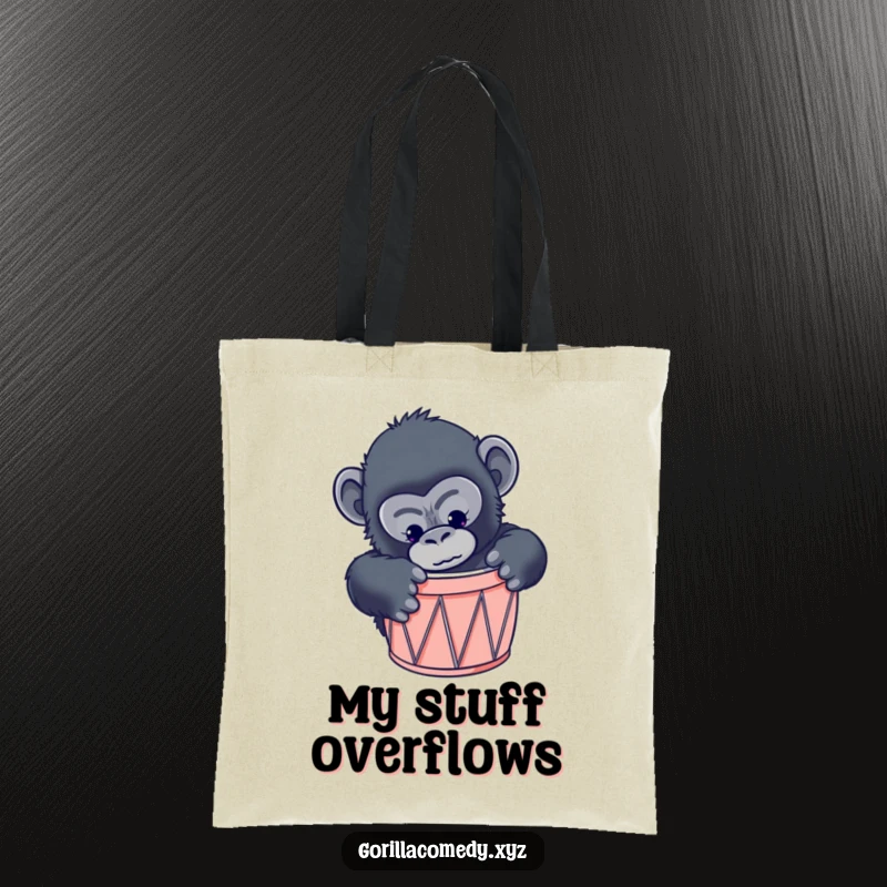 Funny gorilla tote bag showing a curious primate hilariously trying to fit his body into a drum that is too small.