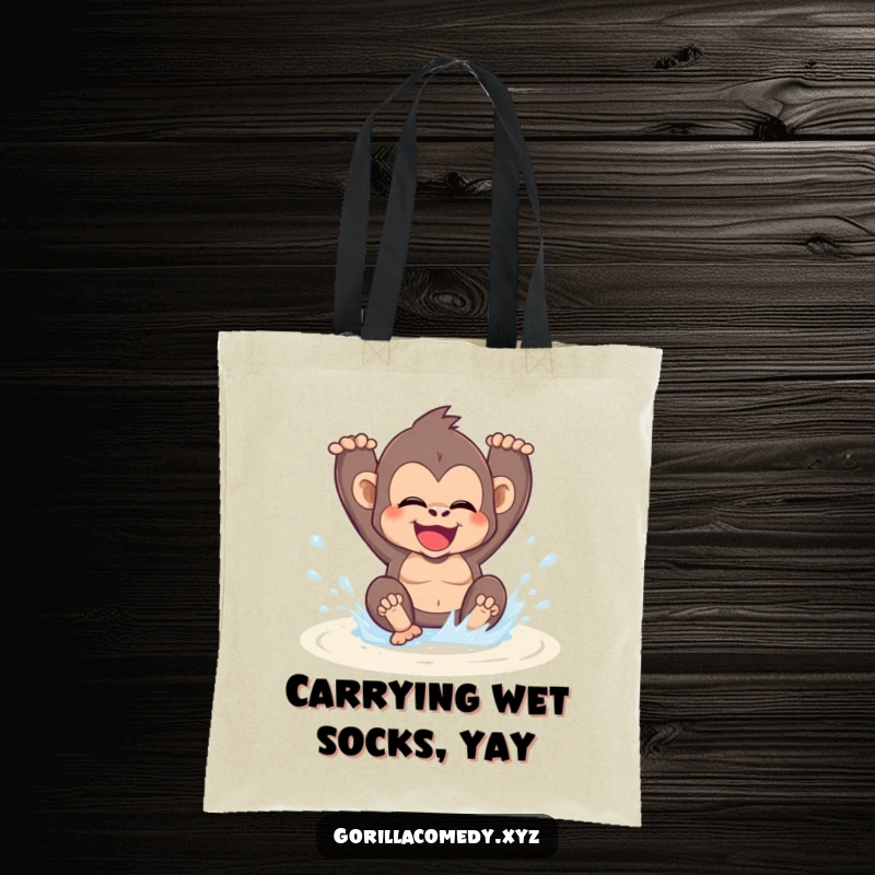 Funny kawaii gorilla gleefully splashing in a puddle on a tote bag, perfect for carrying essentials with a playful spirit.