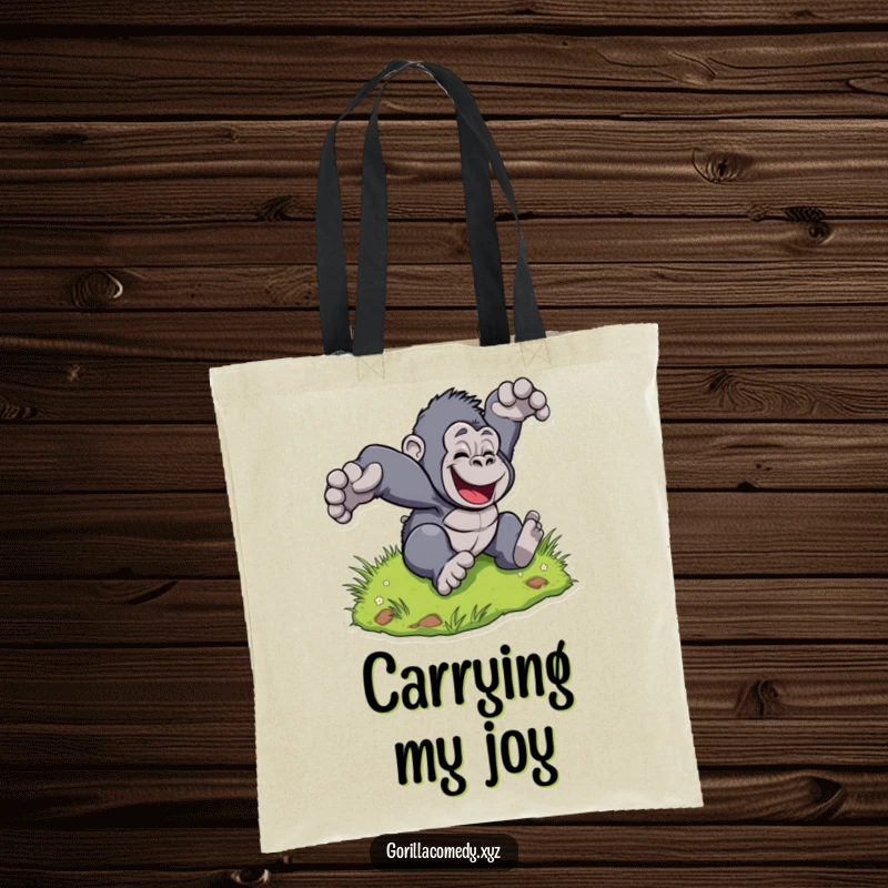 Funny Gorilla Roll Tote Bag: Stylized gorilla joyfully tumbles down a grassy hill, full of pure delight. Great funny gift.