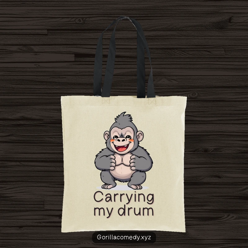 Funny tote bag with a Kawaii gorilla character enthusiastically beating its chest, symbolizing joy and self-expression. Ideal for everyday use.
