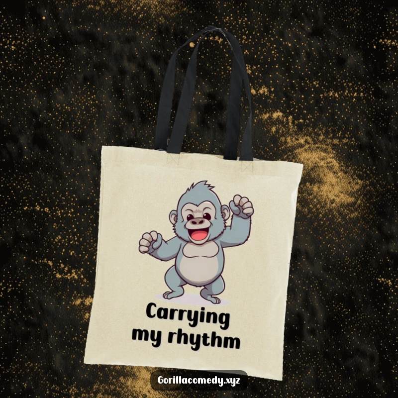 Funny tote bag featuring a Kawaii gorilla doing a comical dance with wobbly legs, perfect for carrying essentials with a playful vibe.