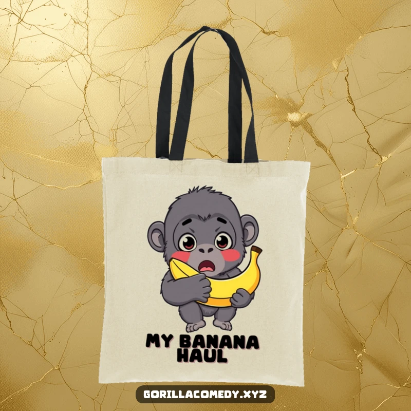 Funny gorilla tote bag, surprised character with wide eyes, holding a banana that's comically too big, practical and funny.