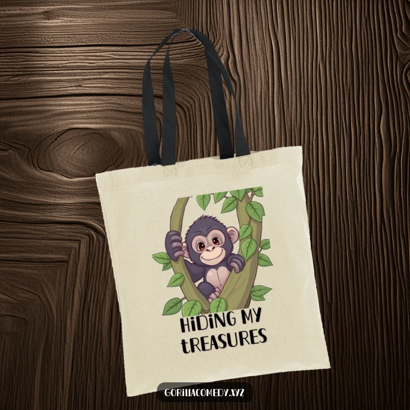 Funny playful gorilla tote bag with a curious expression peeking from behind a large vine, perfect for carrying essentials with a smile, a fun gift.