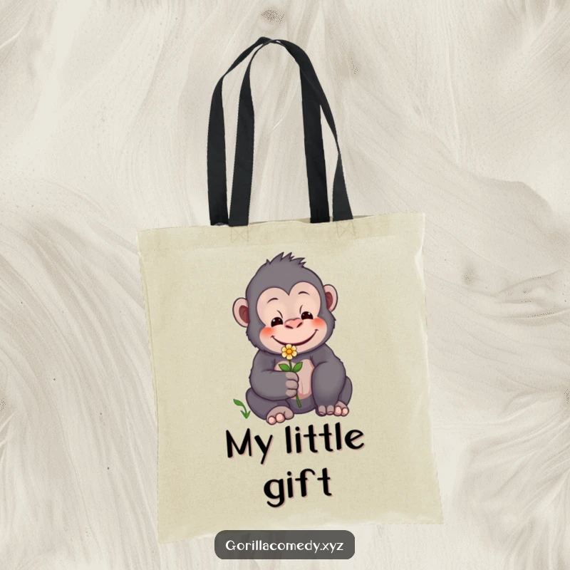 Funny tote bag with a gentle gorilla smiling and offering a single flower, symbolizing kindness and care.