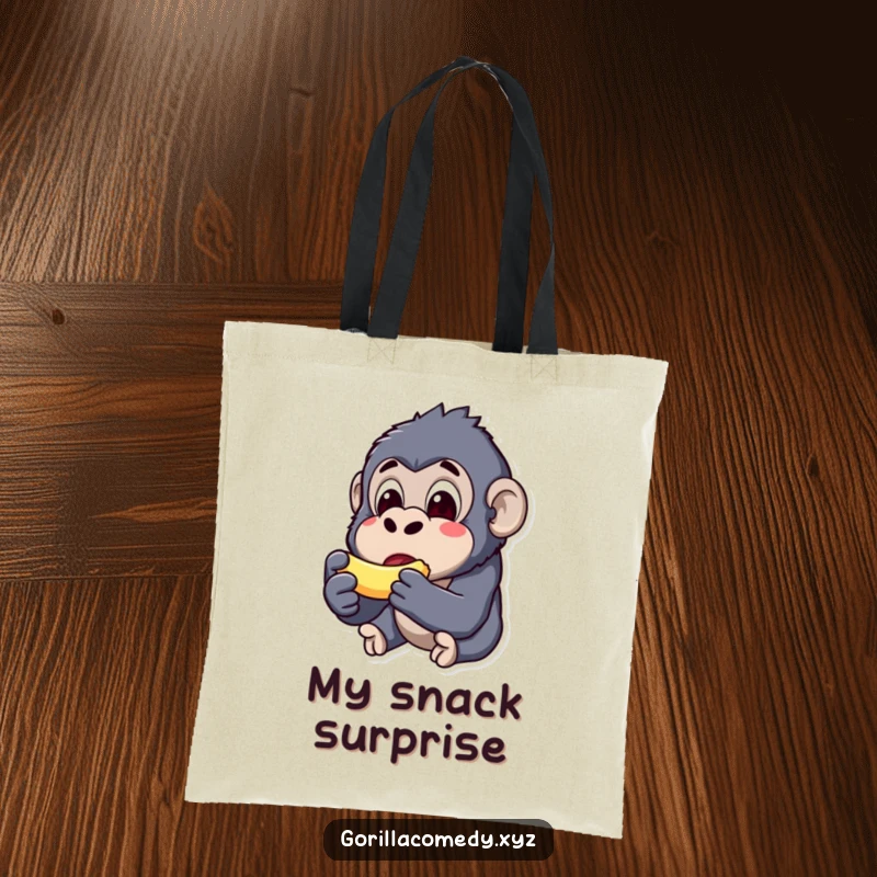 Funny kawaii gorilla tote bag, surprised expression, holding a tiny banana, cute and comical accessory, durable shopper.