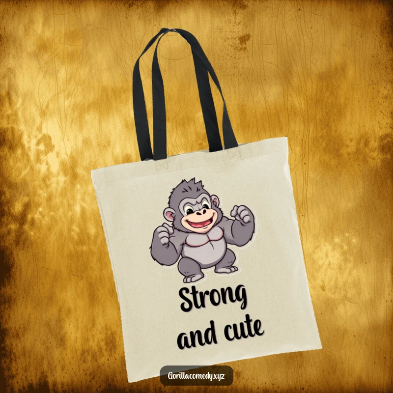 Funny kawaii gorilla tote bag featuring a muscular character flexing biceps, perfect for carrying essentials, a strong funny gift.